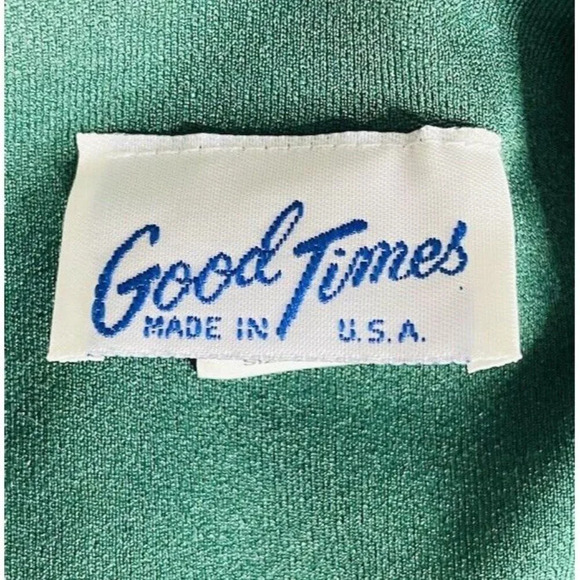 Vintage Good Times Dress 10P Blouson Green Midi Crinkle Pleated Lace 80s Retro - Picture 6 of 10